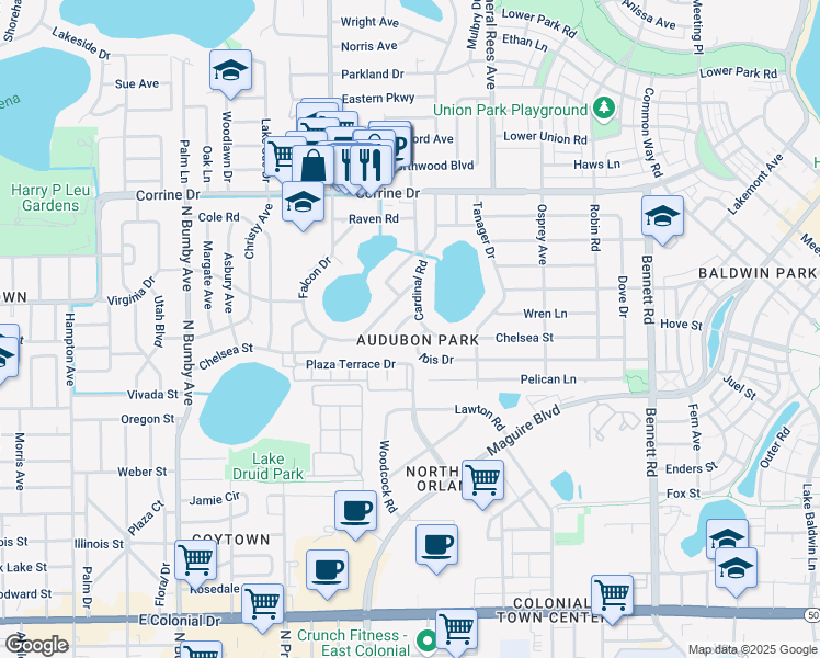 map of restaurants, bars, coffee shops, grocery stores, and more near 3219 Chelsea Street in Orlando