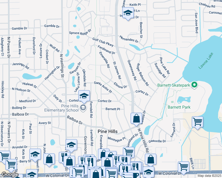 map of restaurants, bars, coffee shops, grocery stores, and more near 1215 Santa Anita Street in Orlando
