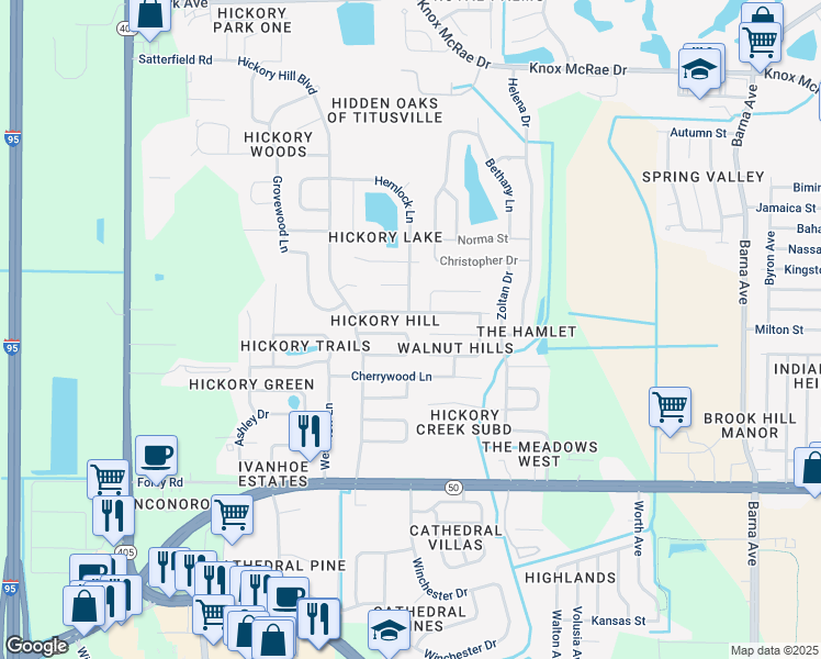 map of restaurants, bars, coffee shops, grocery stores, and more near 2645 Driftwood Drive in Titusville