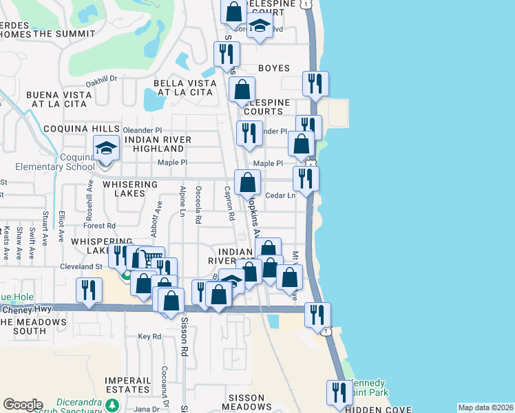 map of restaurants, bars, coffee shops, grocery stores, and more near 4295 South Hopkins Avenue in Titusville