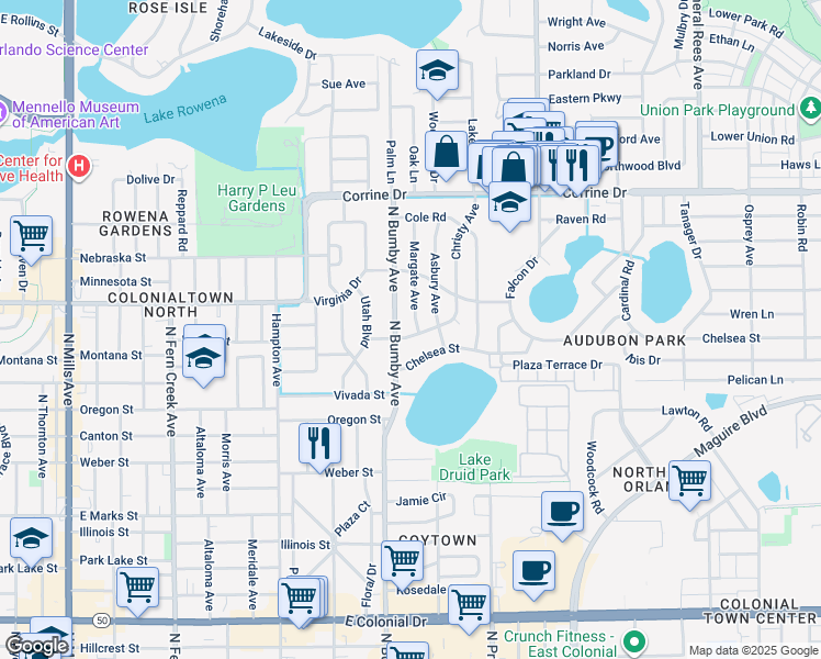 map of restaurants, bars, coffee shops, grocery stores, and more near 1300 Margate Avenue in Orlando
