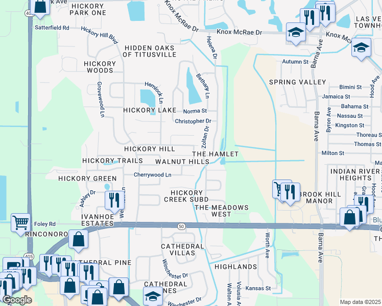 map of restaurants, bars, coffee shops, grocery stores, and more near 2520 Indian Hill Court in Titusville
