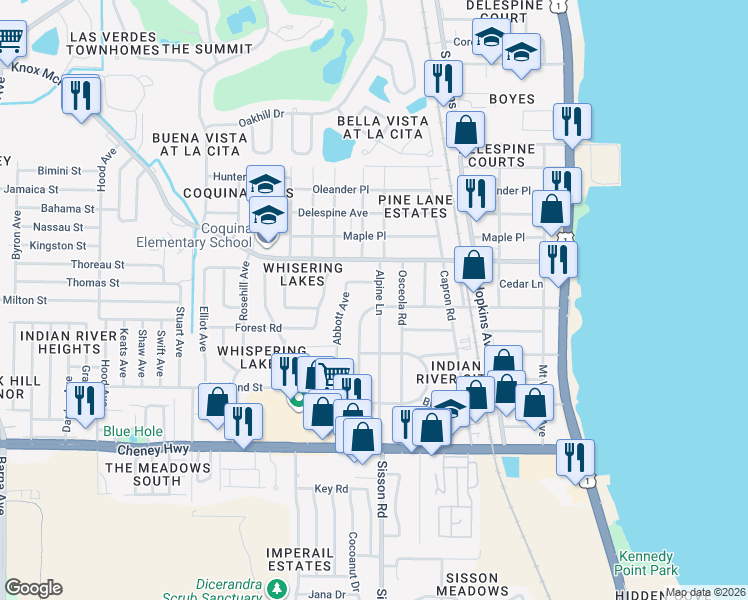map of restaurants, bars, coffee shops, grocery stores, and more near 4290 Alpine Lane in Titusville