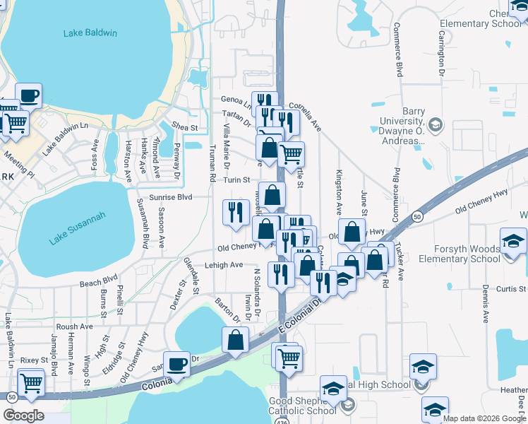 map of restaurants, bars, coffee shops, grocery stores, and more near 1227 Moselle Avenue in Orlando