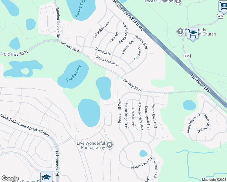 map of restaurants, bars, coffee shops, grocery stores, and more near 14707 Peppermill Trail in Clermont