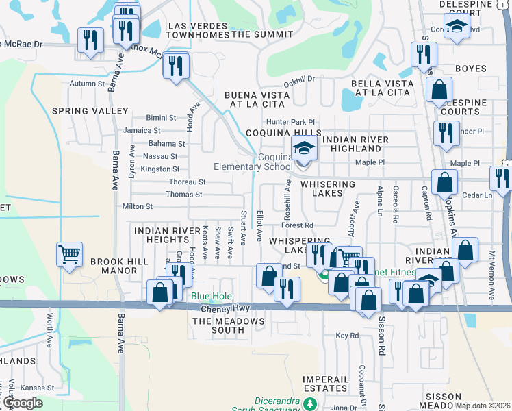 map of restaurants, bars, coffee shops, grocery stores, and more near 4370 Elliot Avenue in Titusville