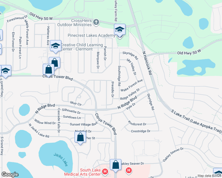 map of restaurants, bars, coffee shops, grocery stores, and more near 1739 Presidio Drive in Clermont