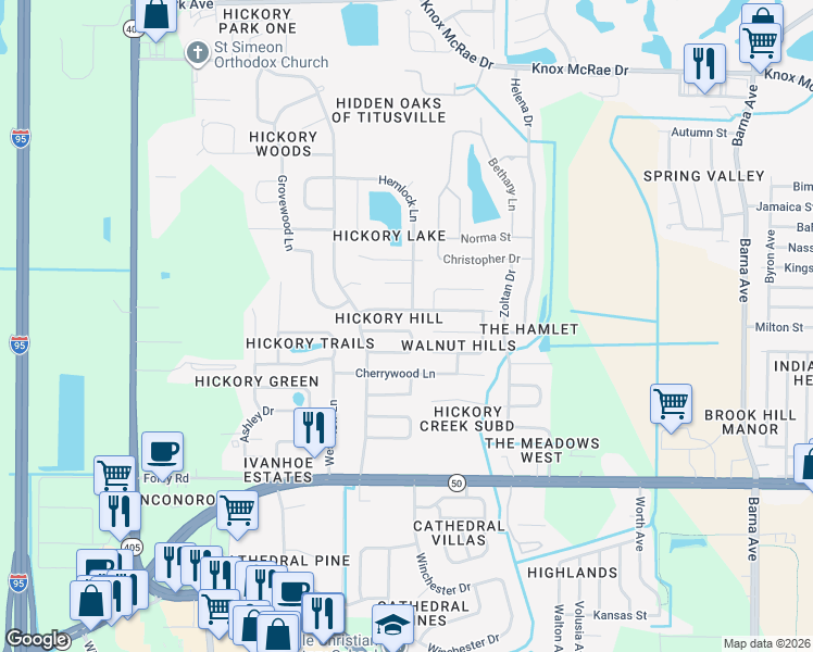 map of restaurants, bars, coffee shops, grocery stores, and more near 2649 Driftwood Drive in Titusville
