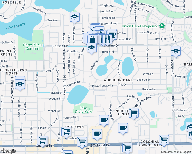 map of restaurants, bars, coffee shops, grocery stores, and more near 1207 Falcon Drive in Orlando