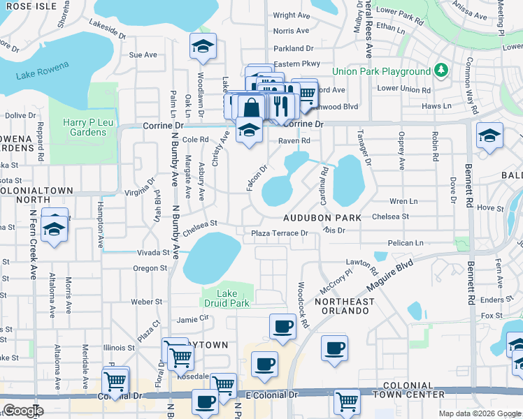 map of restaurants, bars, coffee shops, grocery stores, and more near 1207 Falcon Drive in Orlando