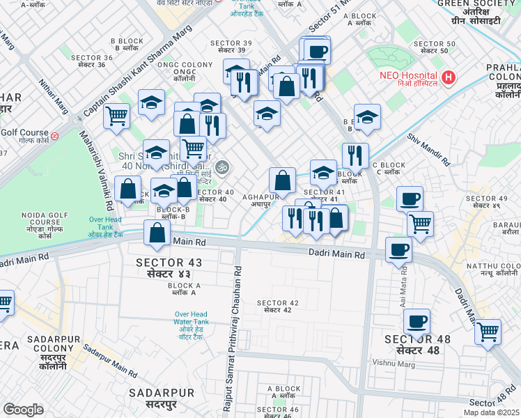 map of restaurants, bars, coffee shops, grocery stores, and more near Unnamed Road in Noida