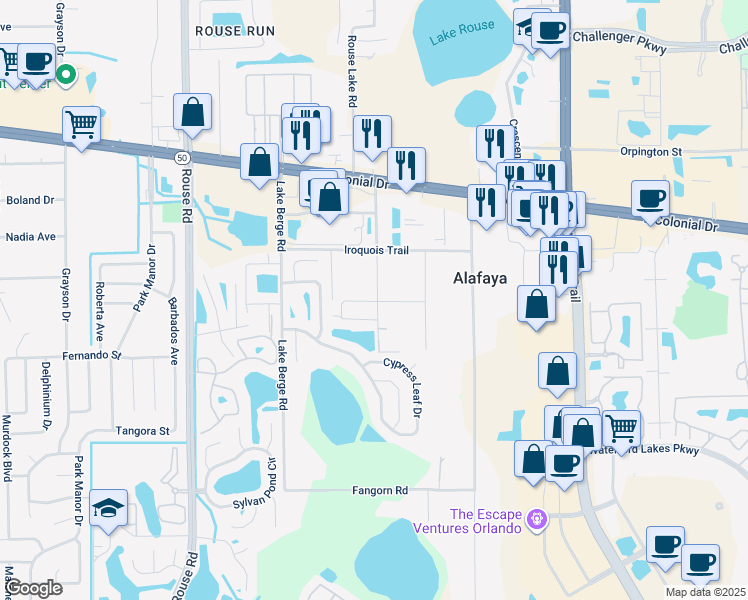 map of restaurants, bars, coffee shops, grocery stores, and more near 1490 Armone Street in Orlando