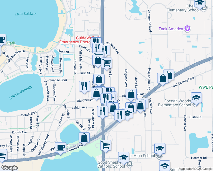 map of restaurants, bars, coffee shops, grocery stores, and more near 1277 North Semoran Boulevard in Orlando