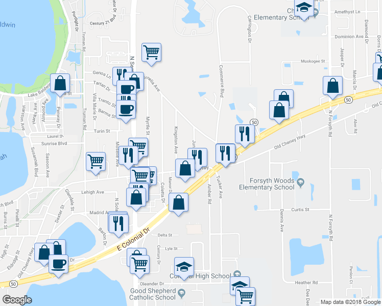 map of restaurants, bars, coffee shops, grocery stores, and more near 1228 June Street in Orlando