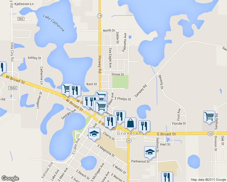 map of restaurants, bars, coffee shops, grocery stores, and more near 347 North Main Avenue in Groveland
