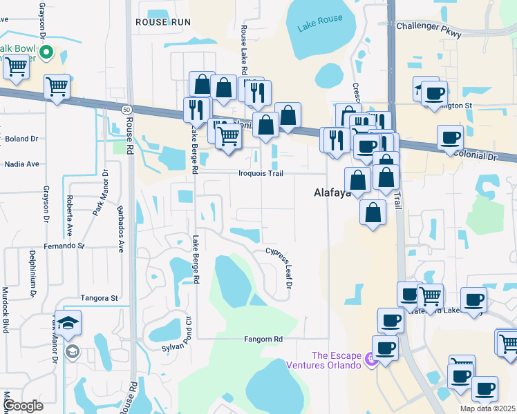 map of restaurants, bars, coffee shops, grocery stores, and more near 1490 Armone Street in Orlando