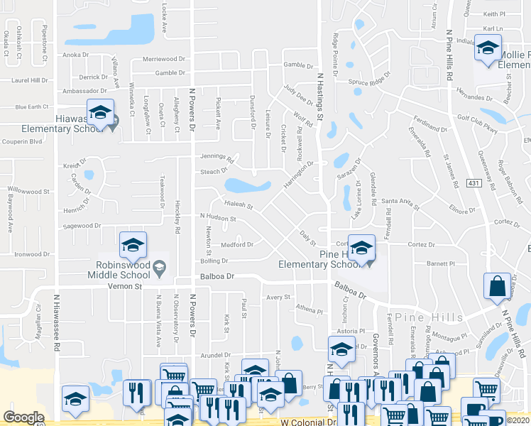 map of restaurants, bars, coffee shops, grocery stores, and more near 1724 Hialeah Street in Orlando