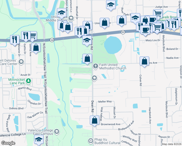 map of restaurants, bars, coffee shops, grocery stores, and more near 9824 Dean Woods Place in Orlando