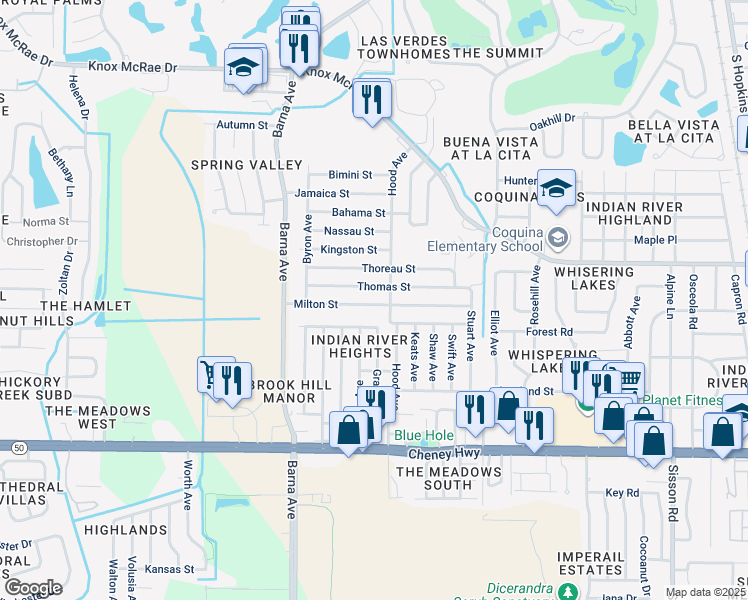 map of restaurants, bars, coffee shops, grocery stores, and more near 1530 Milton Street in Titusville