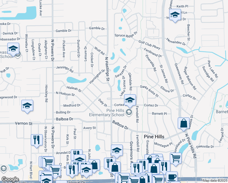 map of restaurants, bars, coffee shops, grocery stores, and more near 5712 Bolling Drive in Pine Hills