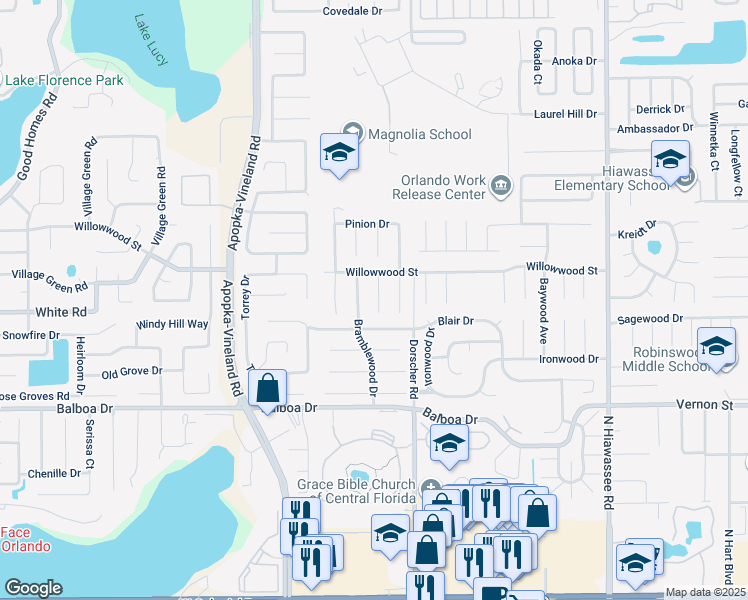 map of restaurants, bars, coffee shops, grocery stores, and more near 1836 Columbine Drive in Orlando