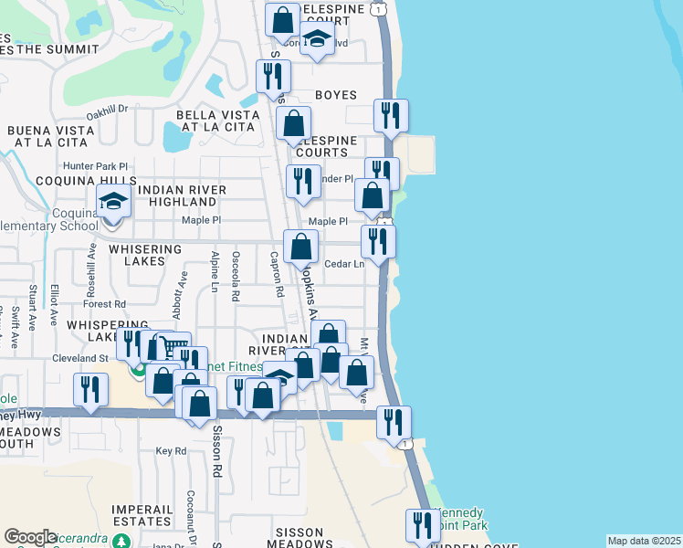 map of restaurants, bars, coffee shops, grocery stores, and more near 4040 Coquina Avenue in Titusville