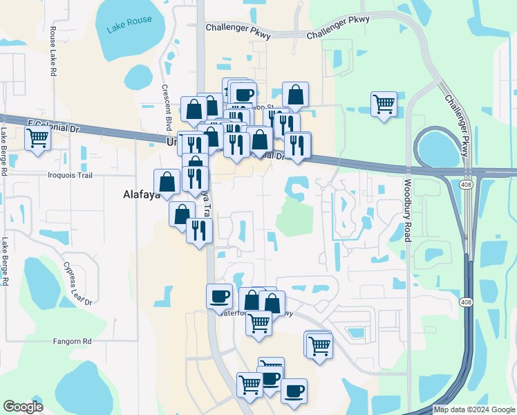 map of restaurants, bars, coffee shops, grocery stores, and more near 1412 Sophie Boulevard in Orlando