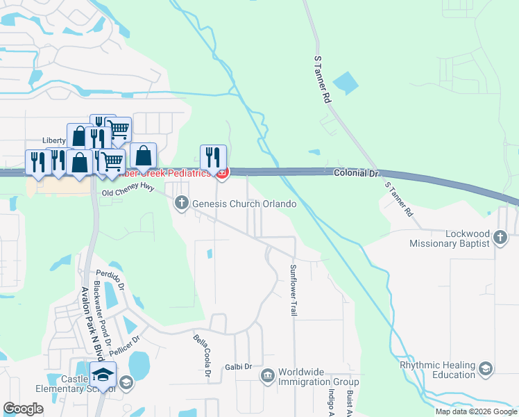 map of restaurants, bars, coffee shops, grocery stores, and more near 1601 Semon Drive in Orlando
