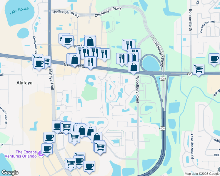 map of restaurants, bars, coffee shops, grocery stores, and more near 1603 River Reach Drive in Orlando