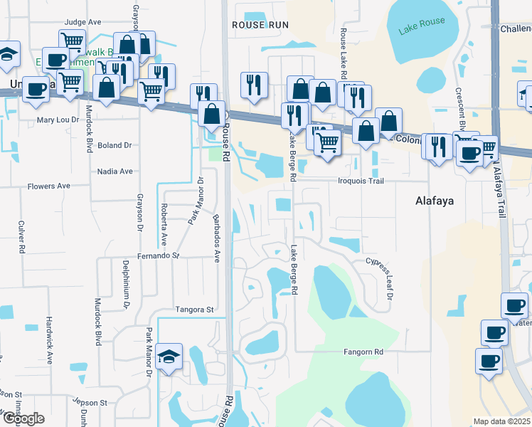 map of restaurants, bars, coffee shops, grocery stores, and more near 1130 Isadore Drive in Orlando