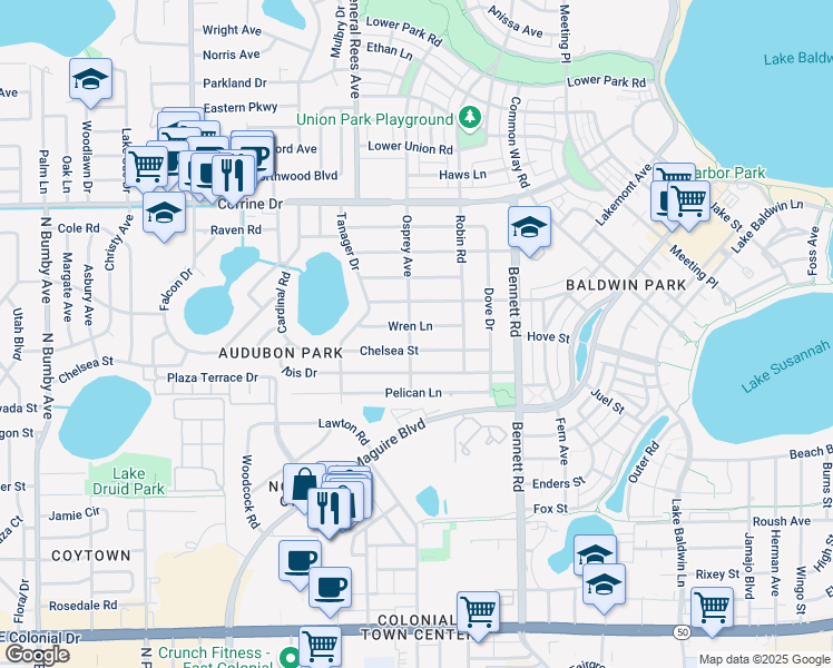 map of restaurants, bars, coffee shops, grocery stores, and more near 1201 Osprey Avenue in Orlando