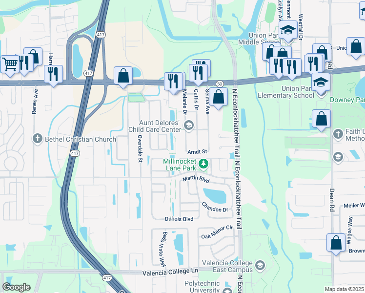 map of restaurants, bars, coffee shops, grocery stores, and more near 1206 Melanie Drive in Orlando
