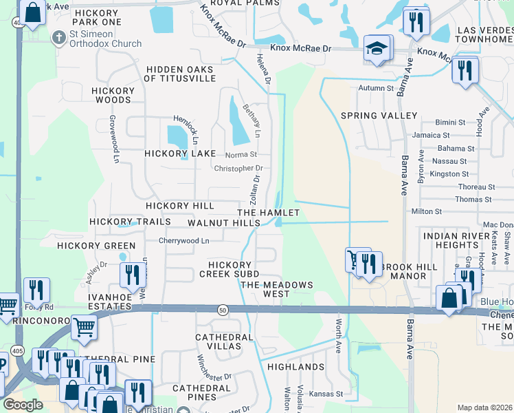 map of restaurants, bars, coffee shops, grocery stores, and more near 4606 Helena Drive in Titusville