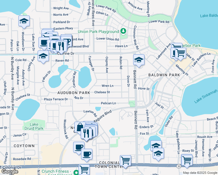 map of restaurants, bars, coffee shops, grocery stores, and more near 1201 Osprey Avenue in Orlando