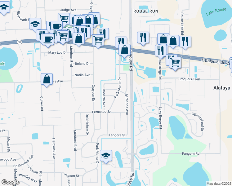map of restaurants, bars, coffee shops, grocery stores, and more near 1206 Park Manor Drive in Orlando