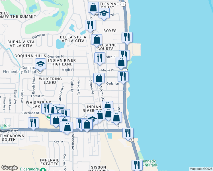 map of restaurants, bars, coffee shops, grocery stores, and more near 4295 South Hopkins Avenue in Titusville