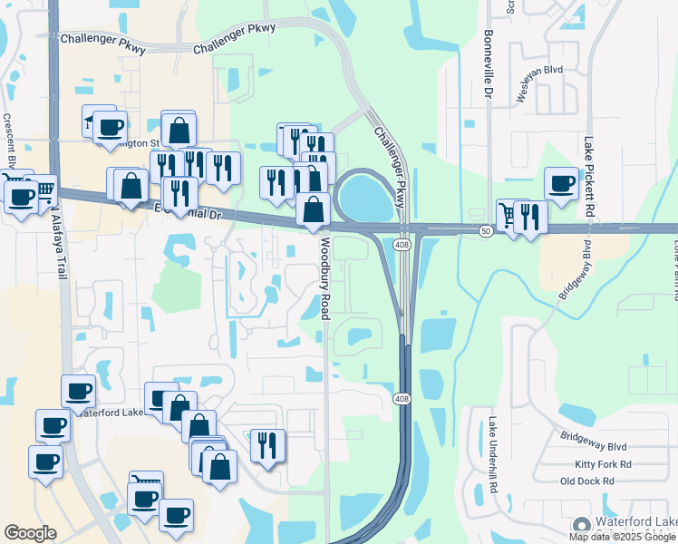 map of restaurants, bars, coffee shops, grocery stores, and more near 12400 East Colonial Drive in Orlando