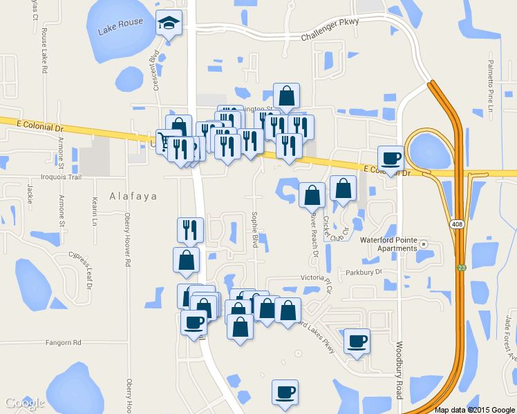 map of restaurants, bars, coffee shops, grocery stores, and more near 1356 Sophie Boulevard in Orlando