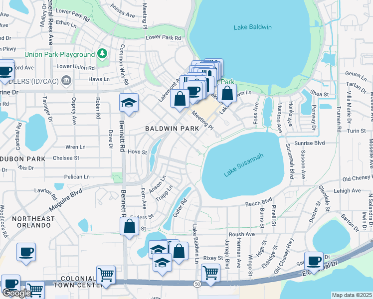 map of restaurants, bars, coffee shops, grocery stores, and more near 1120 Lake Baldwin Lane in Orlando