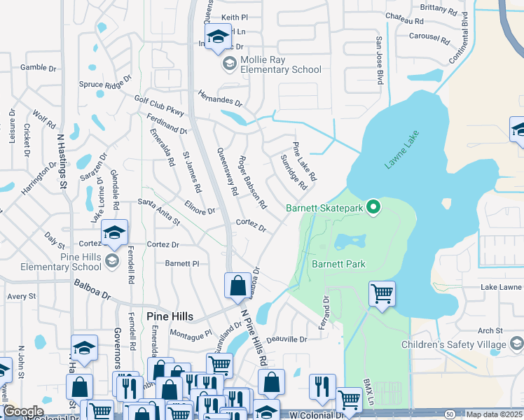 map of restaurants, bars, coffee shops, grocery stores, and more near 4915 Cortez Drive in Orlando