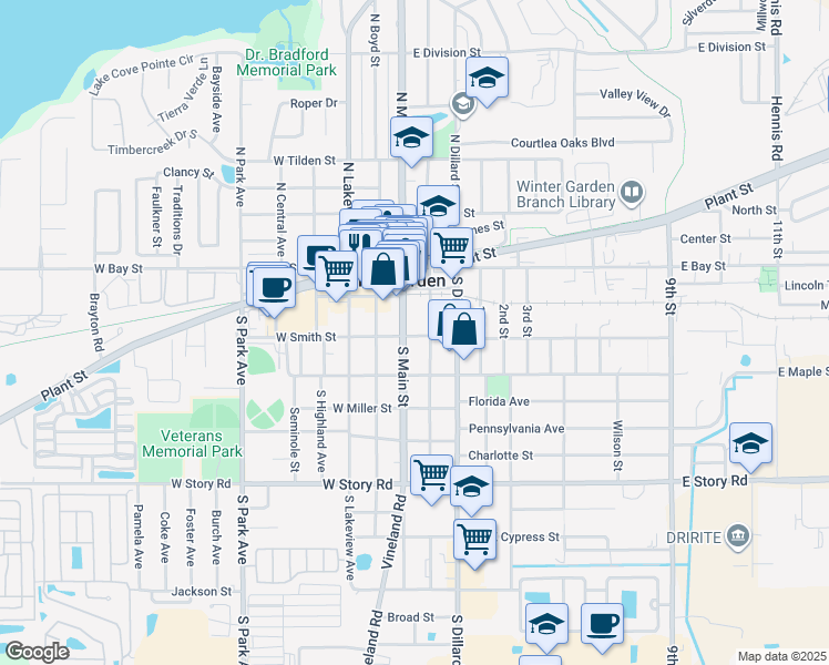map of restaurants, bars, coffee shops, grocery stores, and more near 10 East Smith Street in Winter Garden