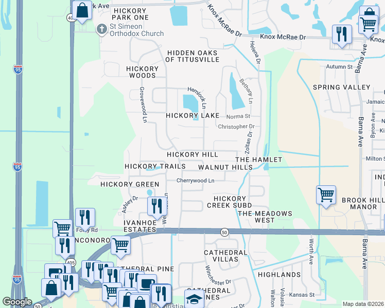 map of restaurants, bars, coffee shops, grocery stores, and more near 2649 Driftwood Drive in Titusville