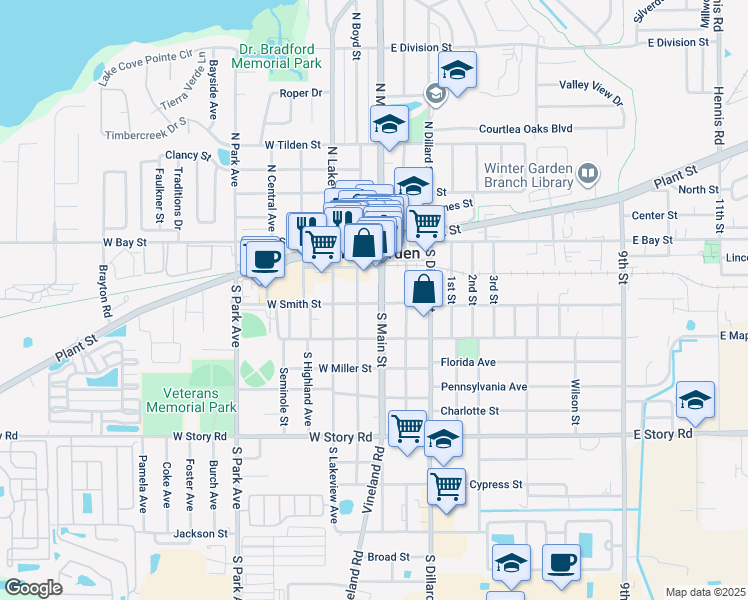 map of restaurants, bars, coffee shops, grocery stores, and more near 203 South Boyd Street in Winter Garden