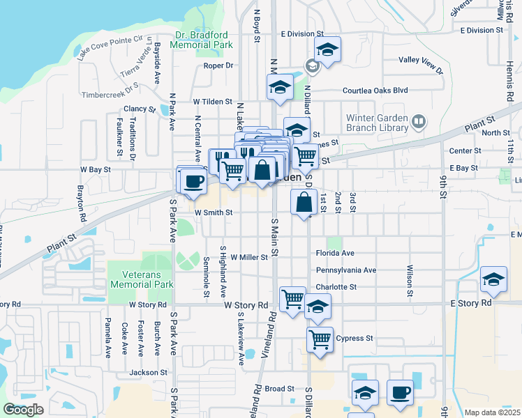 map of restaurants, bars, coffee shops, grocery stores, and more near 203 South Boyd Street in Winter Garden