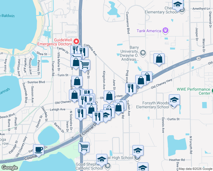 map of restaurants, bars, coffee shops, grocery stores, and more near 1228 Kingston Avenue in Orlando