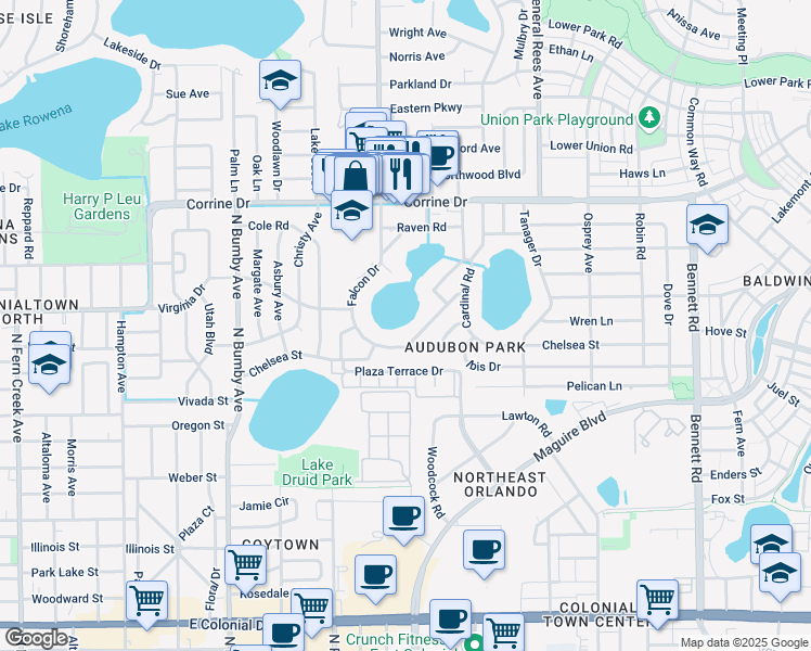 map of restaurants, bars, coffee shops, grocery stores, and more near 1200 Heron Drive in Orlando