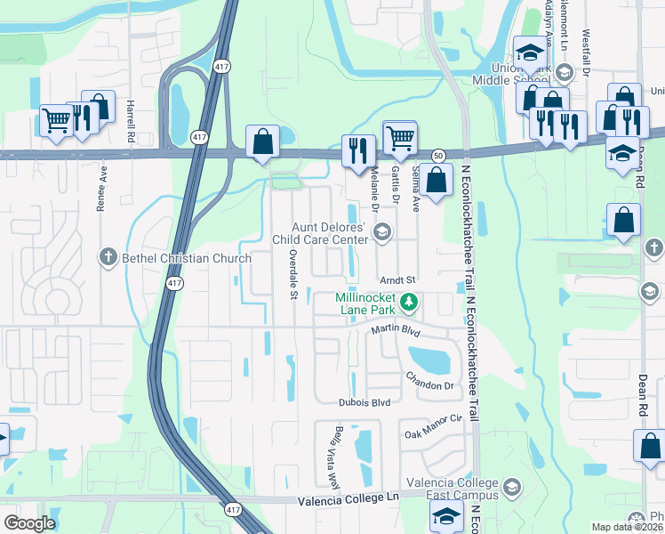 map of restaurants, bars, coffee shops, grocery stores, and more near 1310 Brookebridge Drive in Orlando