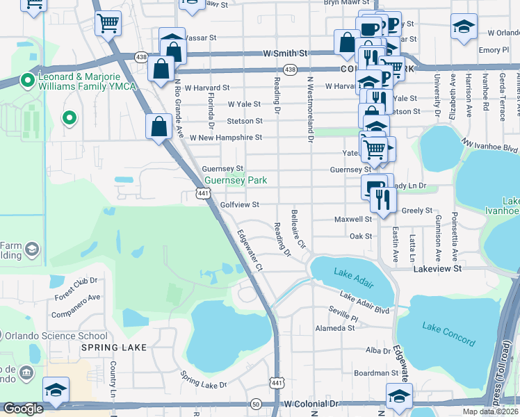map of restaurants, bars, coffee shops, grocery stores, and more near 1222 Golfview Street in Orlando