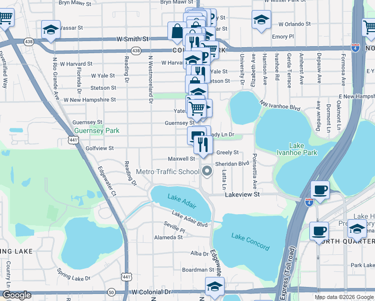 map of restaurants, bars, coffee shops, grocery stores, and more near 714 Maxwell Street in Orlando