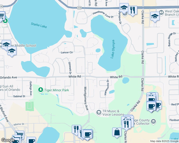 map of restaurants, bars, coffee shops, grocery stores, and more near 608 Olympic Drive in Ocoee